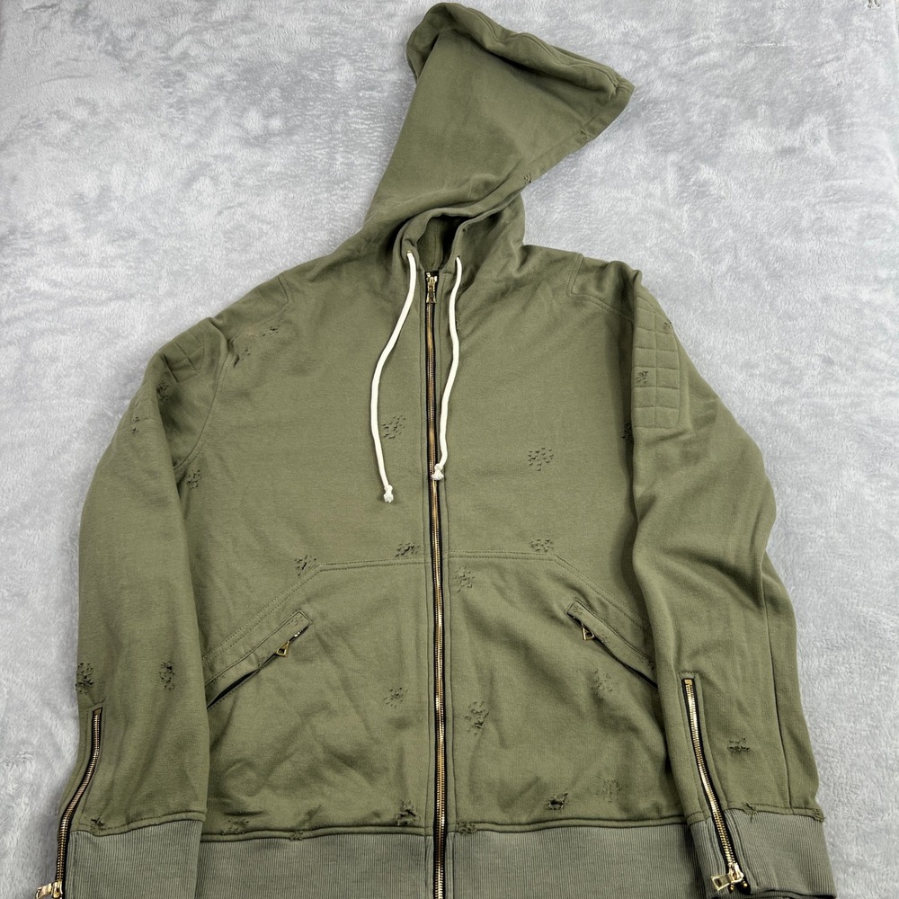 Gentry Garb Distressed Moto Zip Hoodie 3XL Olive Men Streetwear Gold Hardware